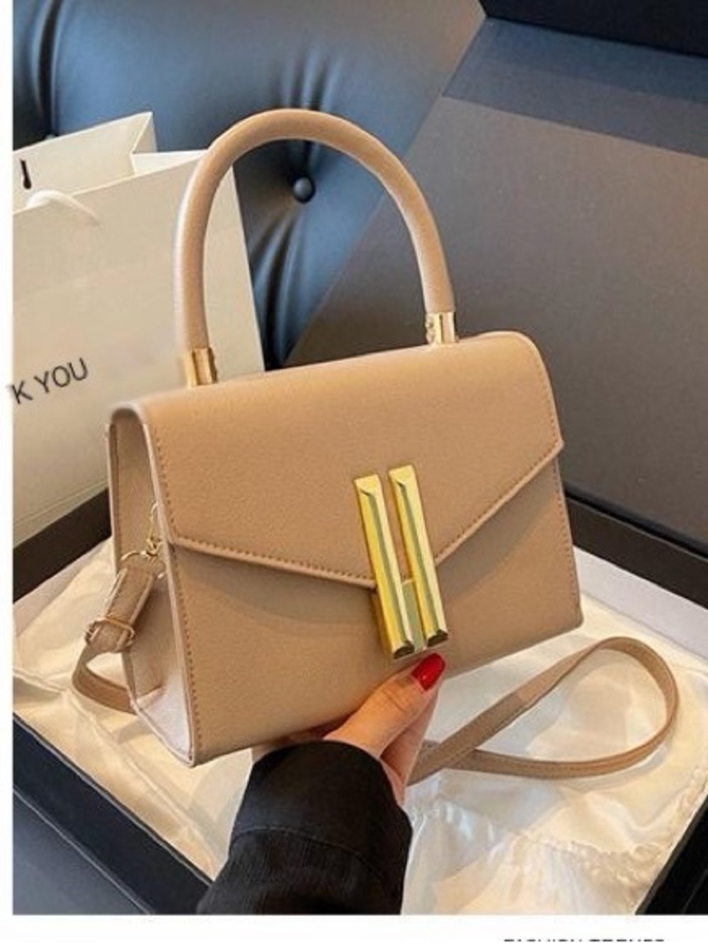 Elegant Beige Top-Handle Satchel with Gold Accent